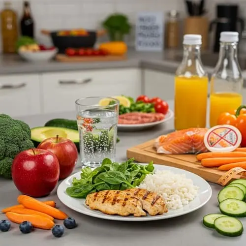 Balanced Meal Preparation Balanced Meal Preparation: A setup of fruits, vegetables, protein, and hydration in a kitchen.