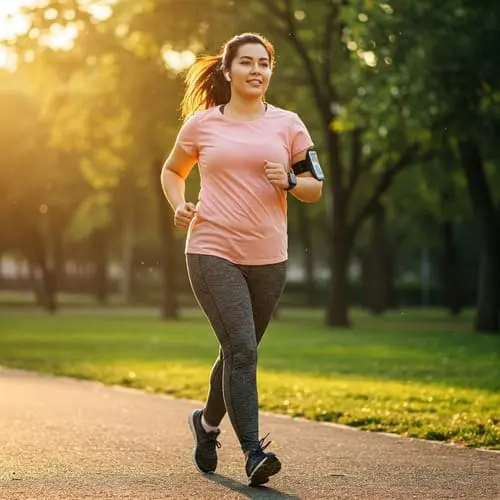 Active Lifestyle in Nature Active Lifestyle in Nature: A woman jogging in a park during sunrise or sunset wearing a fitness tracker.